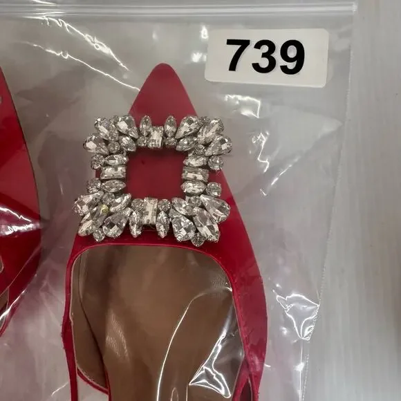 Satin Kitten Heels Women's 8 Red Rhinestone Glam Coquette Prom Wedding Formal - Picture 10 of 10